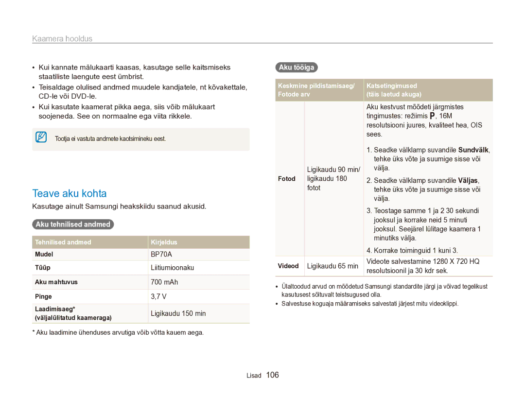 Samsung EC-PL170ZBPBE2 manual Teave aku kohta, Aku tehnilised andmed , Aku tööiga  